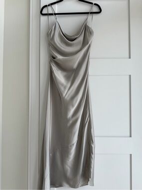 Zara Silver Satin Cowl Midi Slip Dress